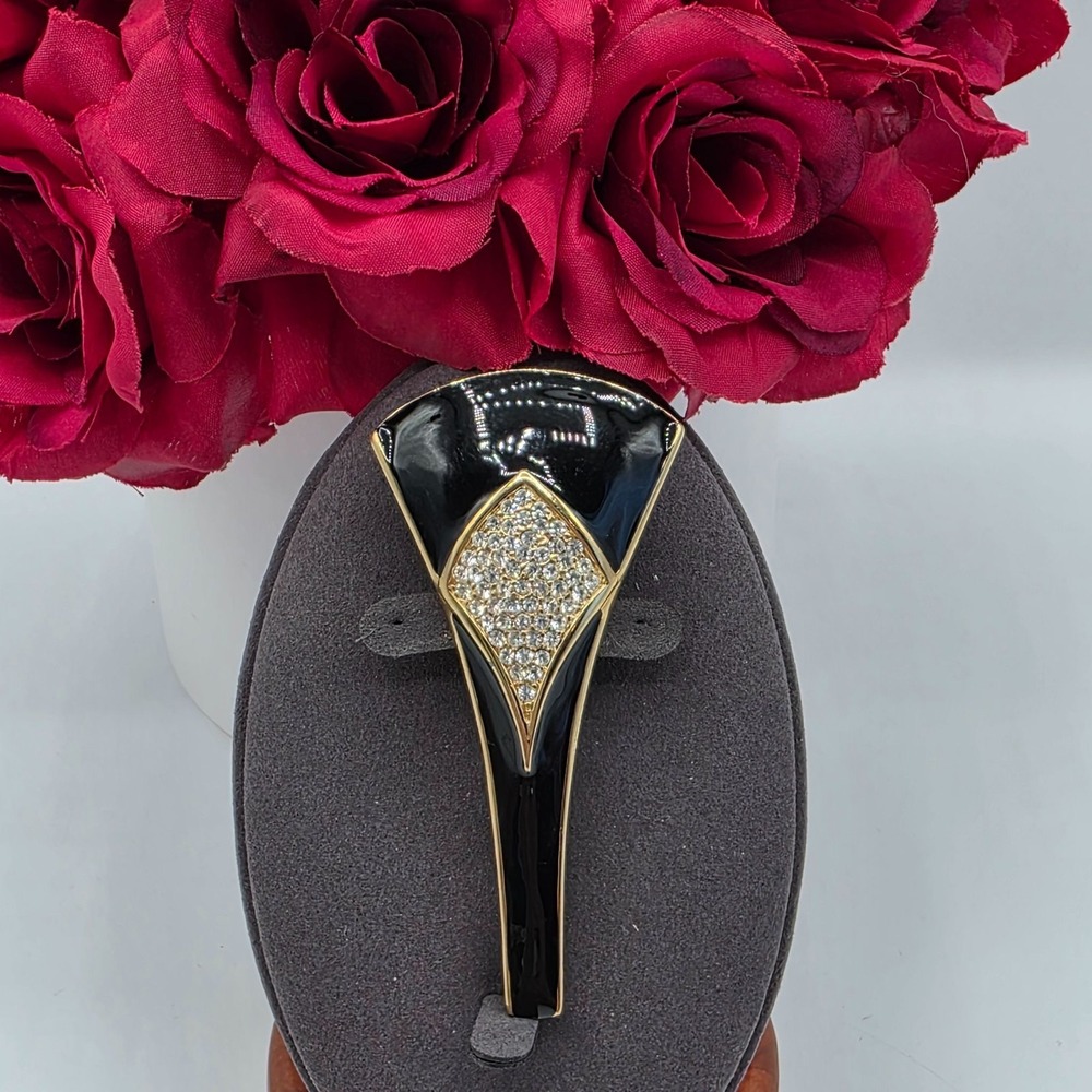 Monet Black Enamel Crystal Fan Brooch‎ Gold Tone Pin Vintage Designer Jewelry